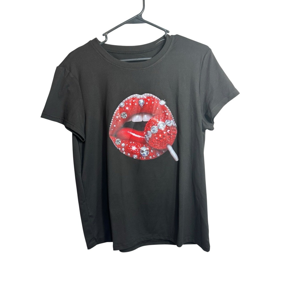 womens short sleeve shirt black red lips sucker bling‎ graphic print size medium
